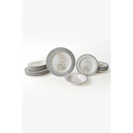 18-osainen keraaminen ruokailusetti, harmaa/kerma