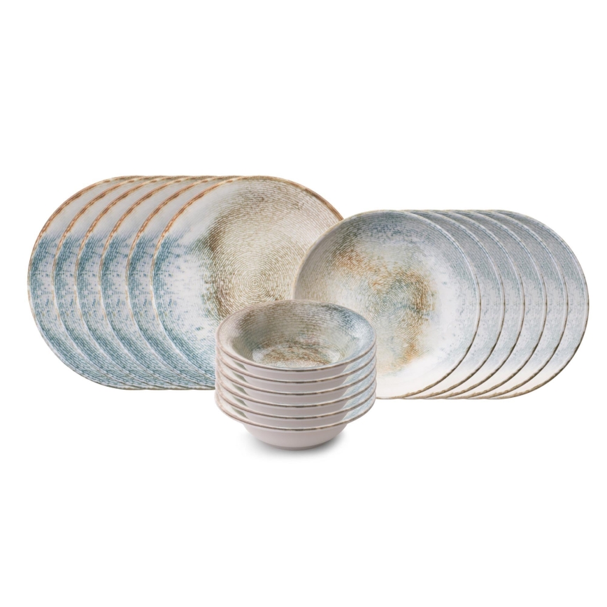 18-osainen monivärinen posliininen astiasto