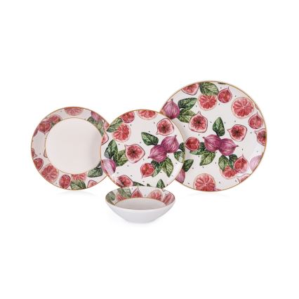 24-osainen astiasto, punainen/valkoinen/vihreä, keramiikka