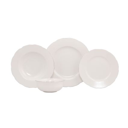 24-osainen astiasto, valkoinen/hopeanvärinen/posliini