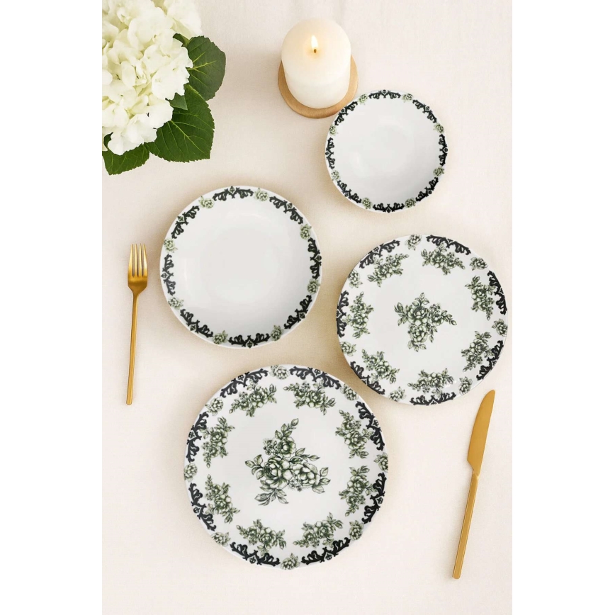 24-osainen posliiniastiasto, valkoinen/vihreä