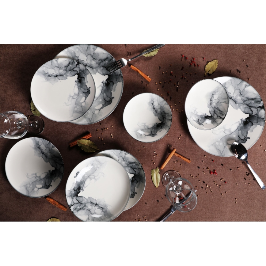 24-osainen posliininen astiasto, valkoinen/musta