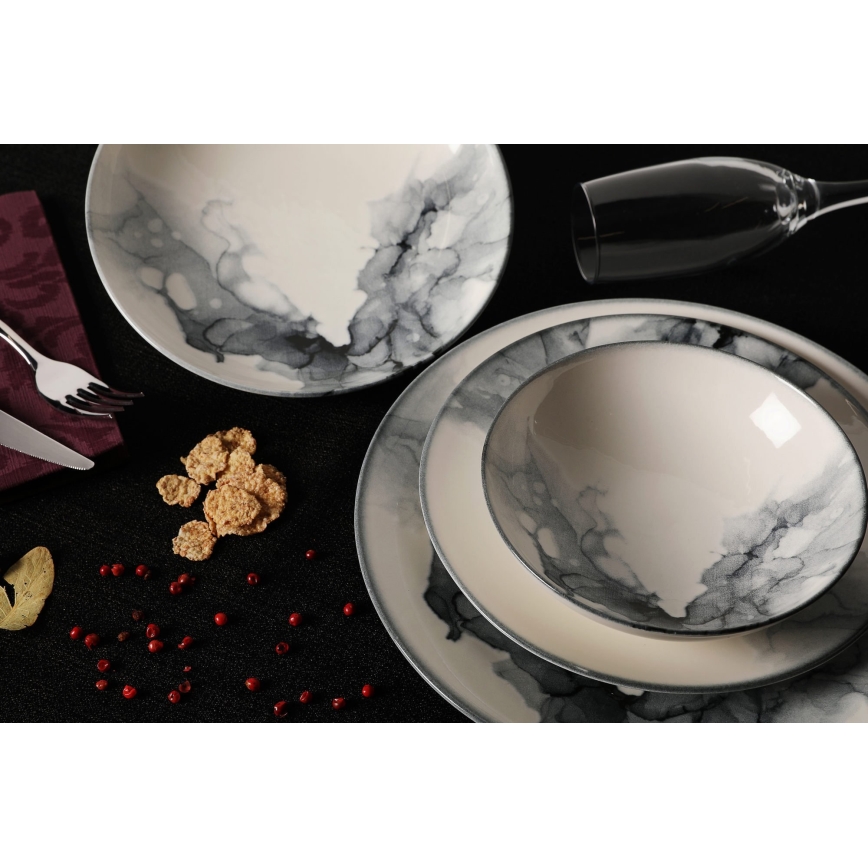 24-osainen posliininen astiasto, valkoinen/musta