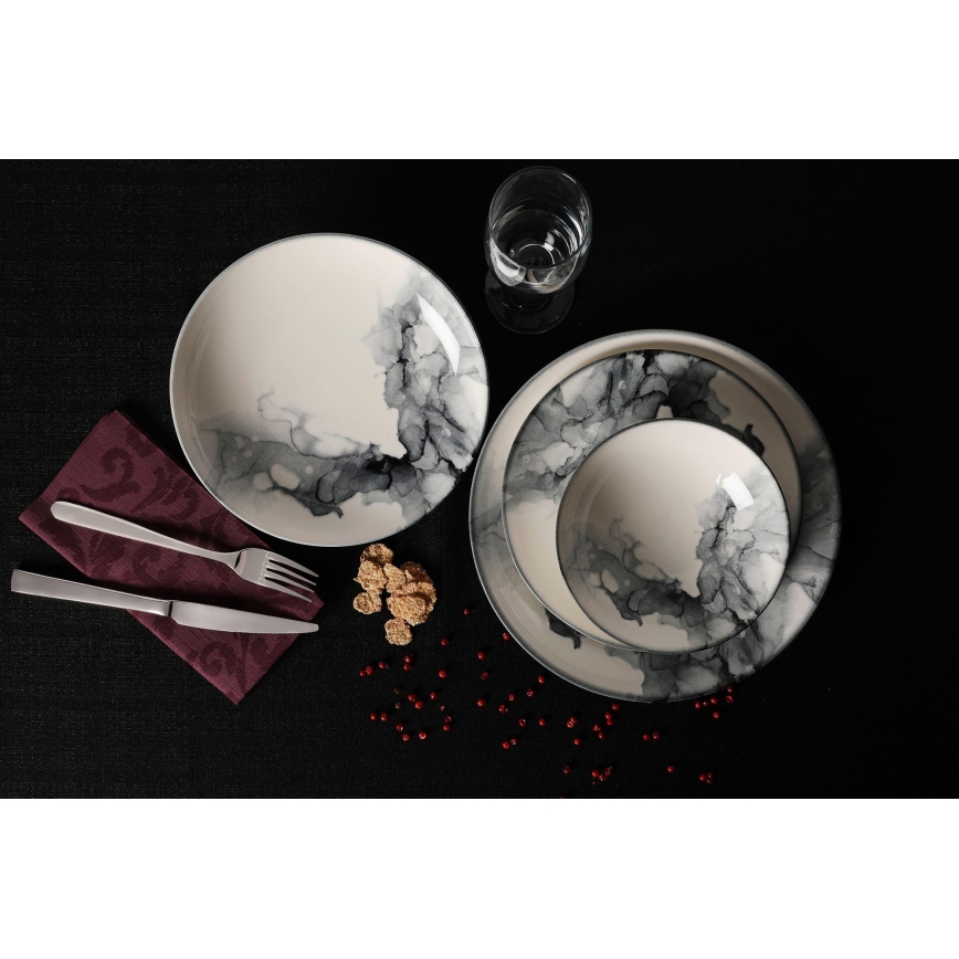 24-osainen posliininen astiasto, valkoinen/musta