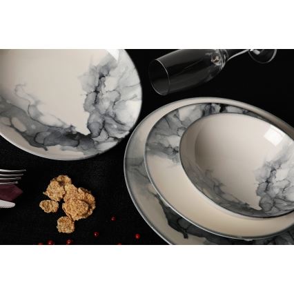 24-osainen posliininen astiasto, valkoinen/musta