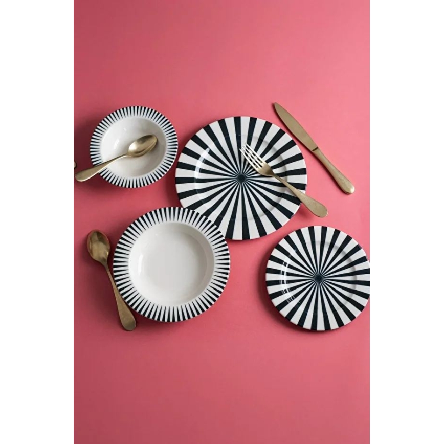 24-osainen posliininen ruokailusarja, valkoinen/musta