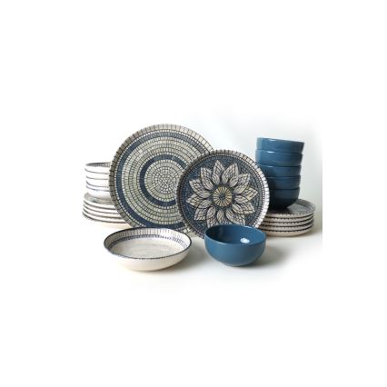 24-osainen ruokailusetti, sininen/kerma/kivitavara