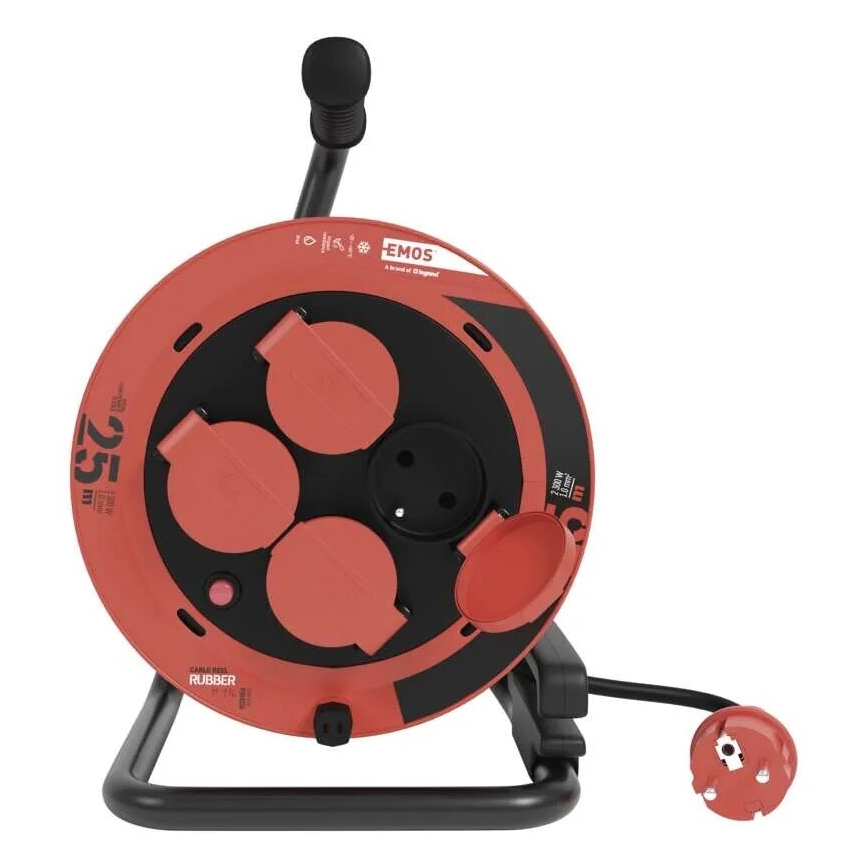 Jatkojohto kelalla, 4 pistorasiaa, 25 m, IP44, punainen