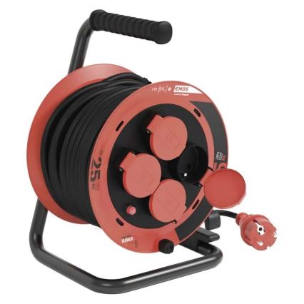 Jatkojohto kelalla, 4 pistorasiaa, 25 m, IP44, punainen