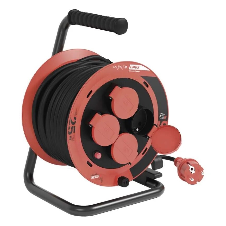 Jatkojohto kelalla, 4 pistorasiaa, 25 m, IP44, punainen