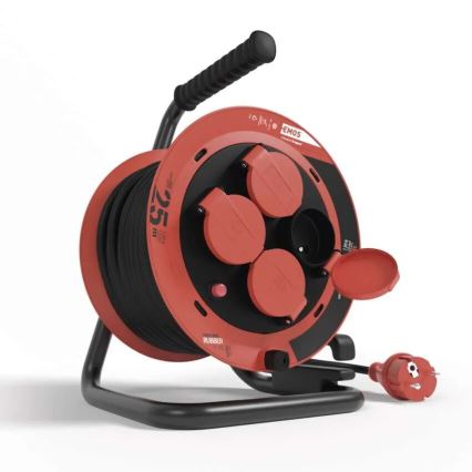 Jatkojohto kelalla, 4 pistorasiaa, 25 m, IP44, punainen