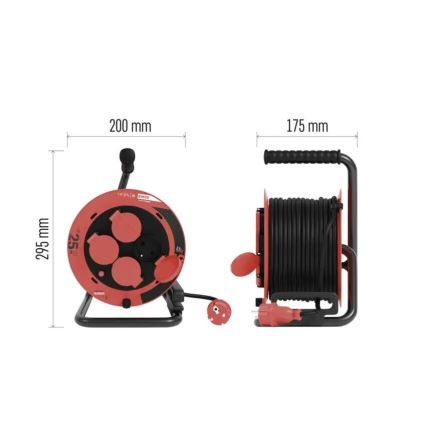 Jatkojohto kelalla, 4 pistorasiaa, 25 m, IP44, punainen