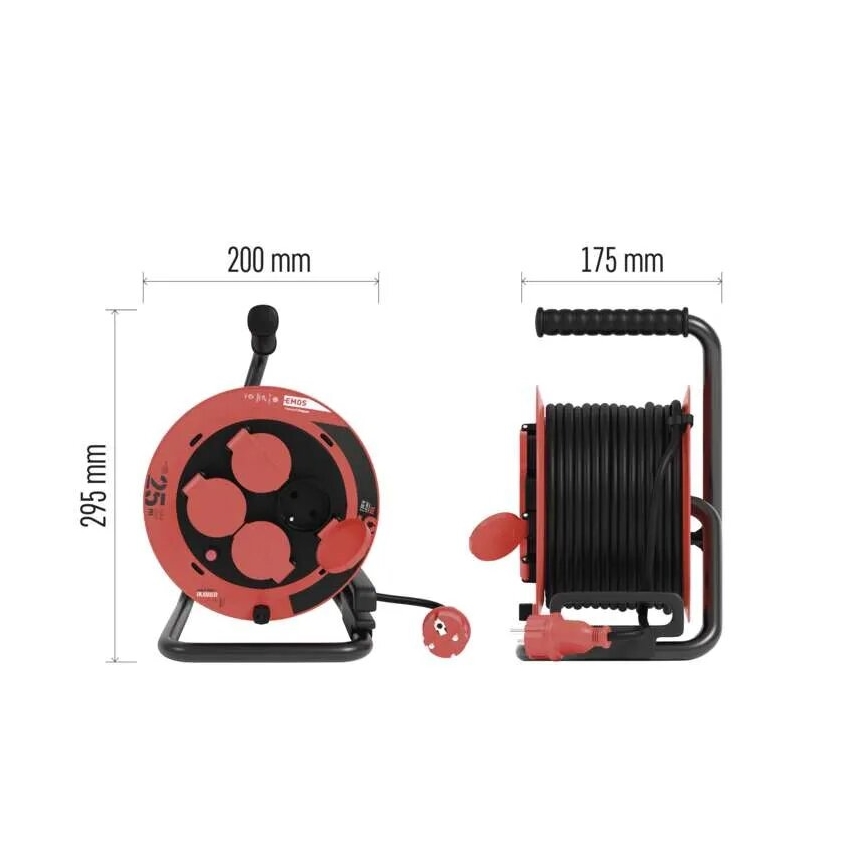 Jatkojohto kelalla, 4 pistorasiaa, 25 m, IP44, punainen