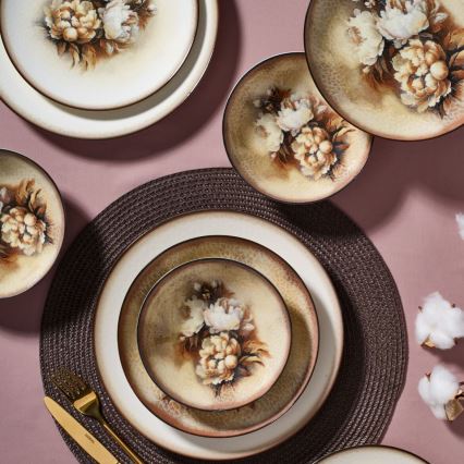 26-osainen posliininen ruokailusetti beige/ruskea/valkoinen