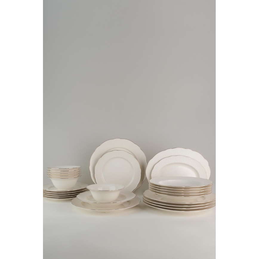 26-osainen posliininen ruokailusetti, valkoinen/hopeinen/luunvalkoinen