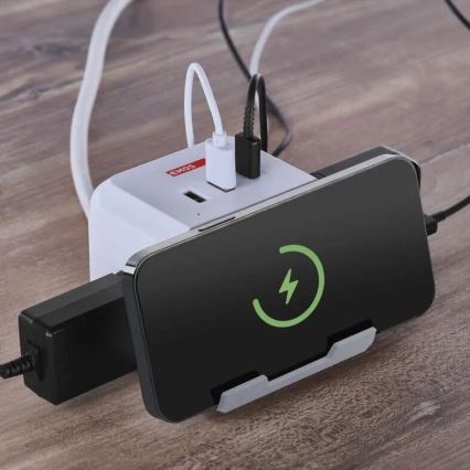 Jatkojohto pistorasialla ja langattomalla QI-latauksella 2Z + 2xUSB-A + 1xUSB-C 2m valkoinen