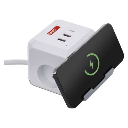 Jatkojohto pistorasialla ja langattomalla QI-latauksella 2Z + 2xUSB-A + 1xUSB-C 2m valkoinen