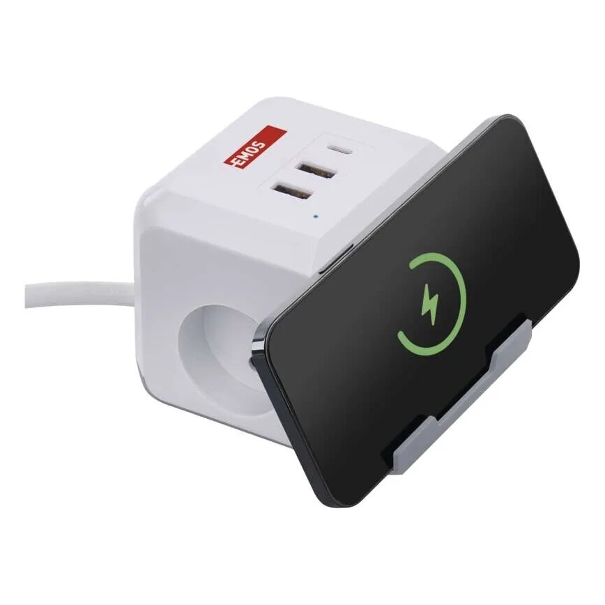 Jatkojohto pistorasialla ja langattomalla QI-latauksella 2Z + 2xUSB-A + 1xUSB-C 2m valkoinen