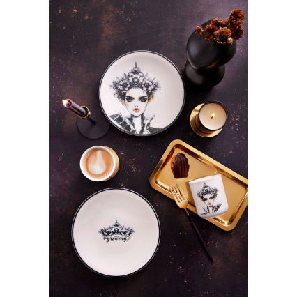 4-osainen posliininen ruokailusetti, musta/valkoinen