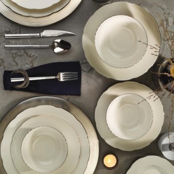 54-osainen posliinisetti, valkoinen/hopea/norsunluun sävy