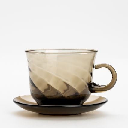 Setti 6x lasikuppia ja aluslautasta sekä 1x savunvärinen sokerikko