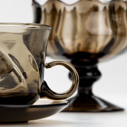 Setti 6x lasikuppia ja aluslautasta sekä 1x savunvärinen sokerikko