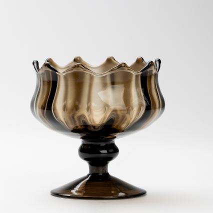 Setti 6x lasikuppia ja aluslautasta sekä 1x savunvärinen sokerikko