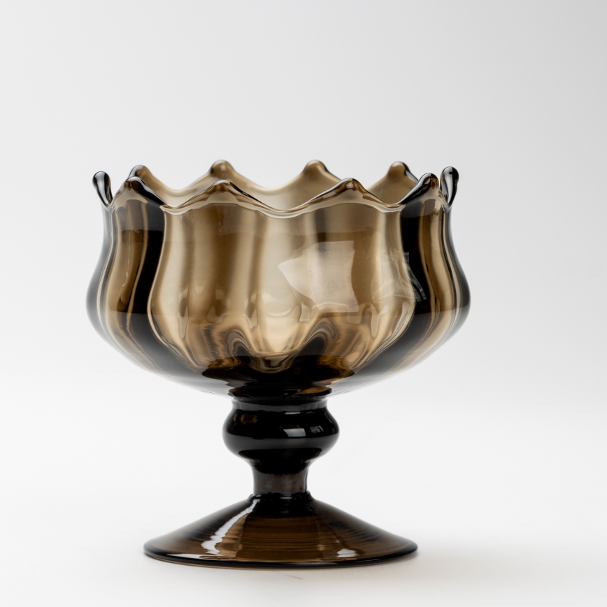 Setti 6x lasikuppia ja aluslautasta sekä 1x savunvärinen sokerikko