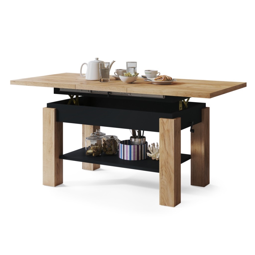 ADONIS laajennettava sohvapöytä hyllyllä, 110/150x68 cm, tammi craft/musta