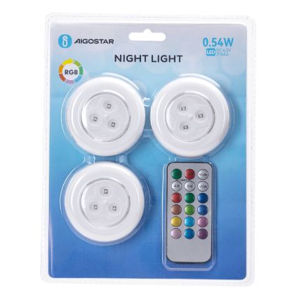 Aigostar - SETTI 3x RGB-LED Kannettava yövalaisin LED/3xAAA + kaukosäädin