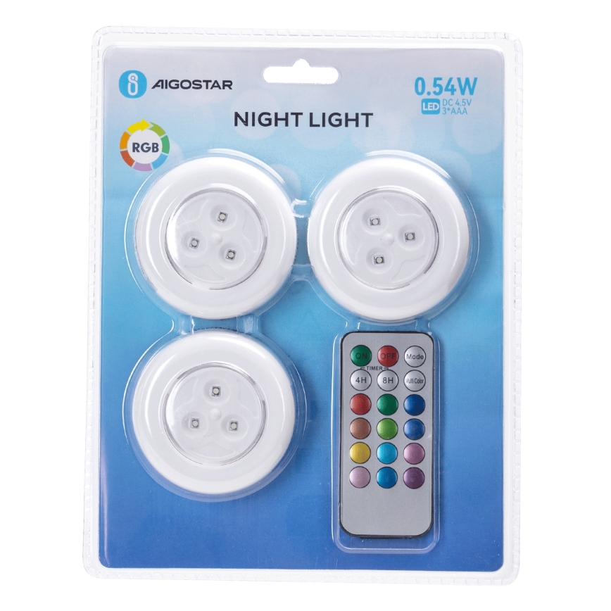 Aigostar - SETTI 3x RGB-LED Kannettava yövalaisin LED/3xAAA + kaukosäädin