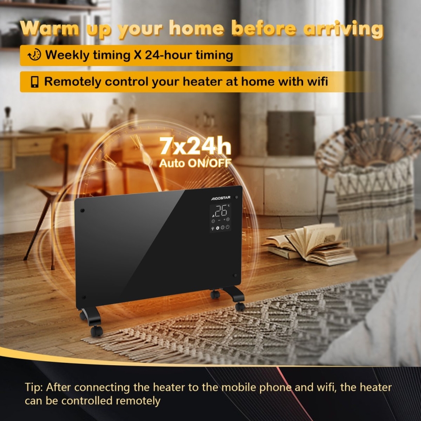 Aigostar - Älykäs sähköpatteri/konvektori LCD-näytöllä ECO/1000/2000W Wi-Fi