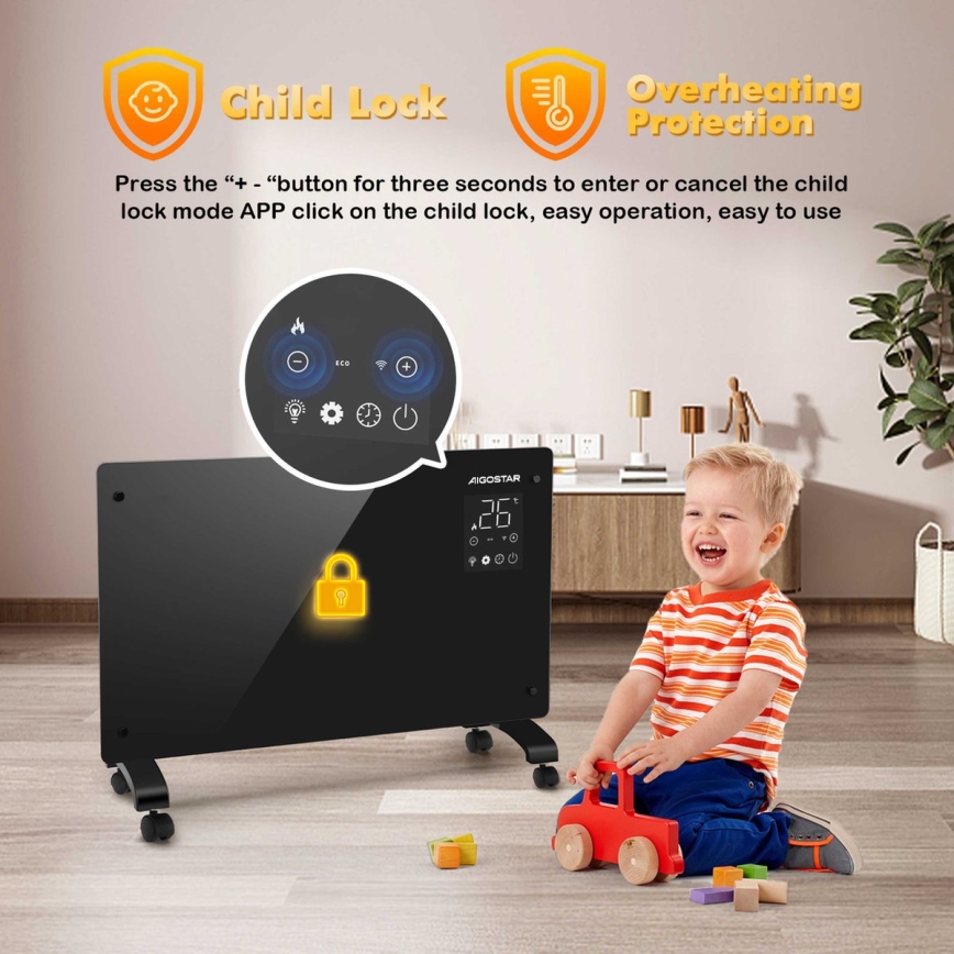 Aigostar - Älykäs sähköpatteri/konvektori LCD-näytöllä ECO/1000/2000W Wi-Fi