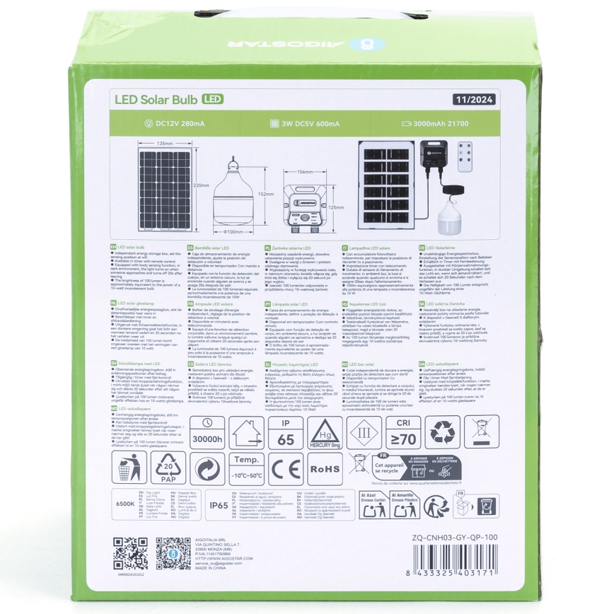 Aigostar - LED-aurinkovalaisin anturilla LED/35W/12V 3000 mAh 6500K IP65 halkaisija 10 cm + kaukosäädin