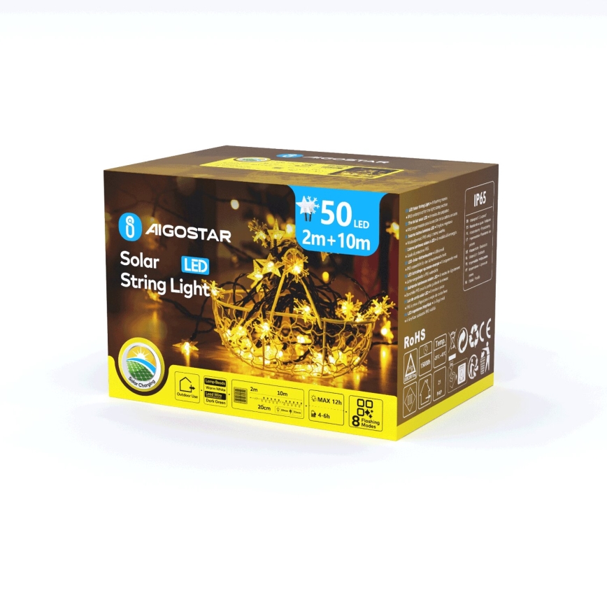 Aigostar - LED aurinkokennolla toimiva valosarja 50 LED/8 toimintoa 12m 800mAh IP65 lämmin valkoinen