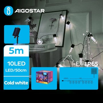Aigostar - Aurinkokäyttöinen LED-valosarja 10xLED/8 valaistustilaa 6,5m 500 mAh IP65 kylmä valkoinen