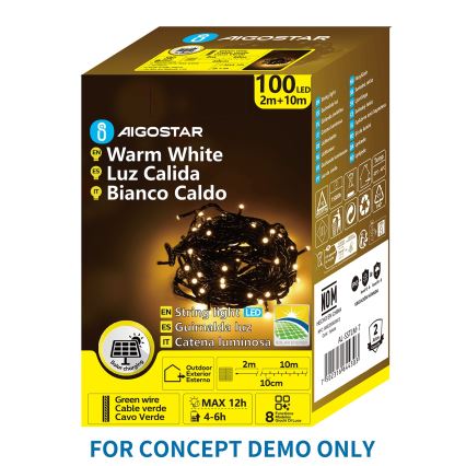Aigostar - aurinkokennolla toimiva LED-jouluvalosarja, 200 LED, 8 toimintoa, 22 m, IP65, lämmin valkoinen, 800 mAh
