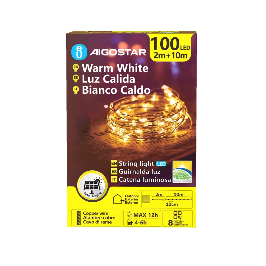 Aigostar - LED-aurinkoketju 100 x LED/8 toimintoa 12 m 800 mAh IP65 lämmin valkoinen
