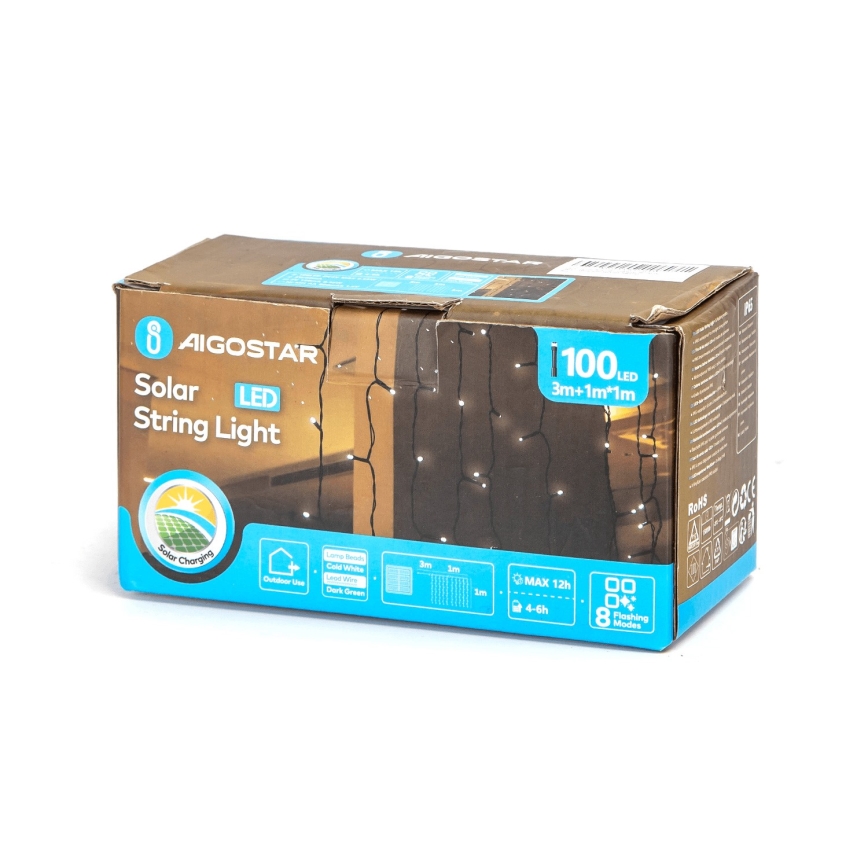 Aigostar - LED-aurinkovalosarja, 100 LED / 8 toimintoa, 4 x 1 m, 800 mAh, IP65, kylmänvalkoinen