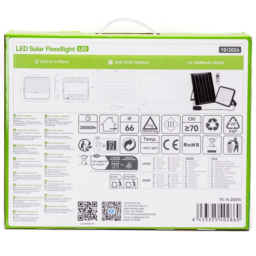Aigostar - himmennettävä LED-aurinkokennolla toimiva heijastin LED/200W/3,4V 3000/4000/6500K IP66 16000 mAh + kaukosäädin