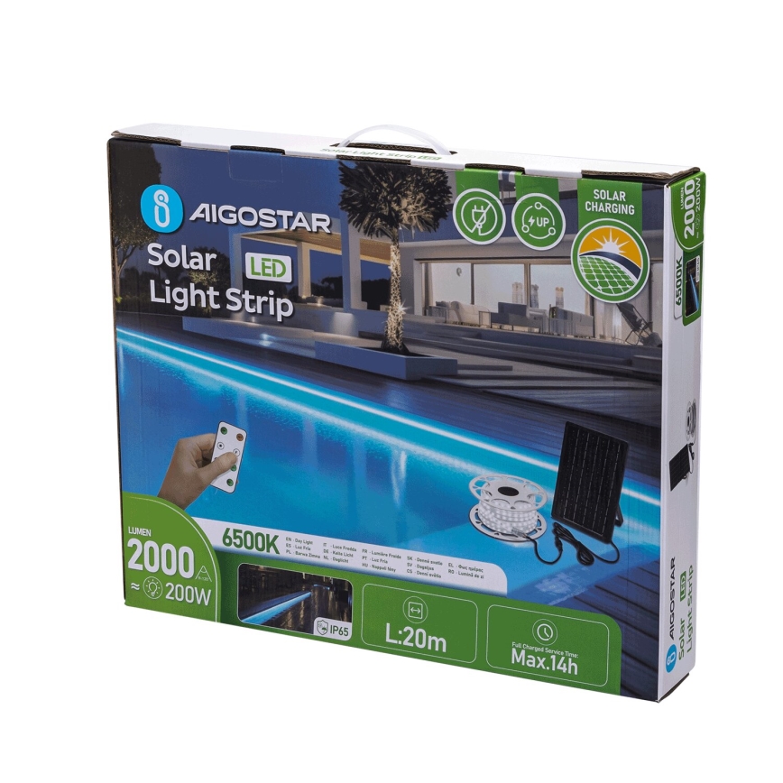 Aigostar - LED himmennettävä aurinkokäyttöinen LED-nauha LED/20W/3,2V 20 m 6500K IP65 + kaukosäädin