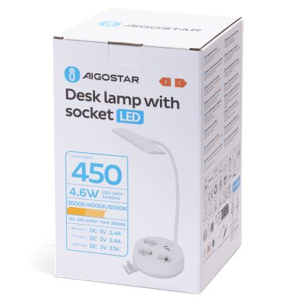 Aigostar - himmennettävä LED-pöytävalaisin pistorasioilla ja USB-portilla LED/4,6W/230V 3000/4000/6500K valkoinen