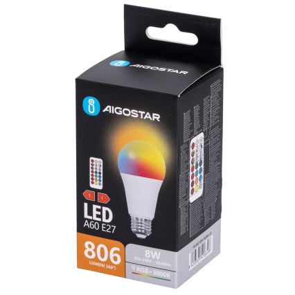 Aigostar - LED RGBW himmennettävä A60-polttimo E27/8W/230V 3000K + kaukosäädin