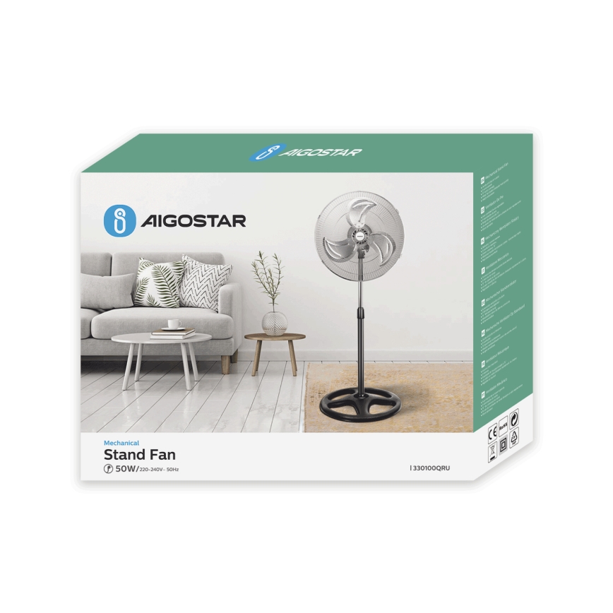 Aigostar - Jalallinen tuuletin 50 W/230 V, Ø 50 cm, kromi/musta