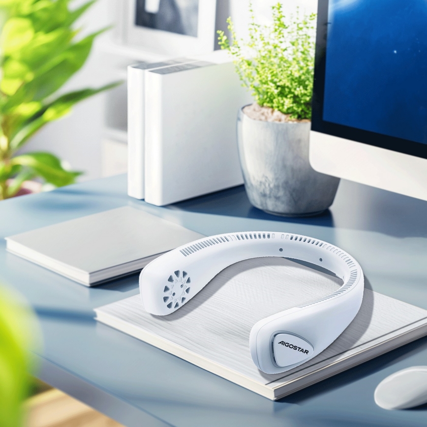 Aigostar - Ladattava kaulatuuletin 4W/5V 2000mAh valkoinen