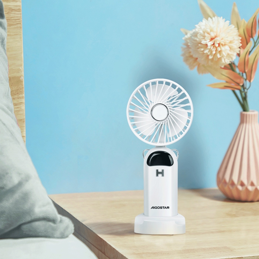 Aigostar - Ladattava käsikäyttöinen tuuletin 4W/5V 1200mAh valkoinen