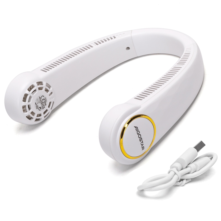 Aigostar - Ladattava kaulan tuuletin 4W/5V 2000mAh valkoinen