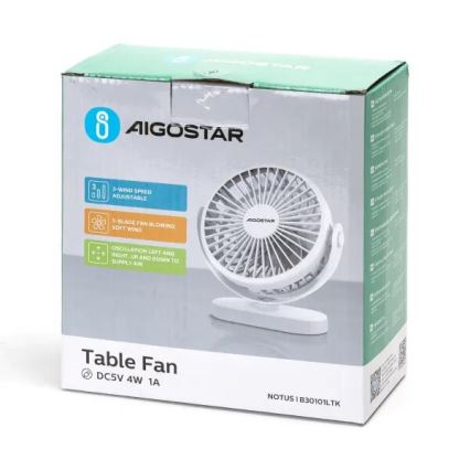 Aigostar - Ladattava pöytätuuletin 4 W / 5 V, 1500 mAh, valkoinen