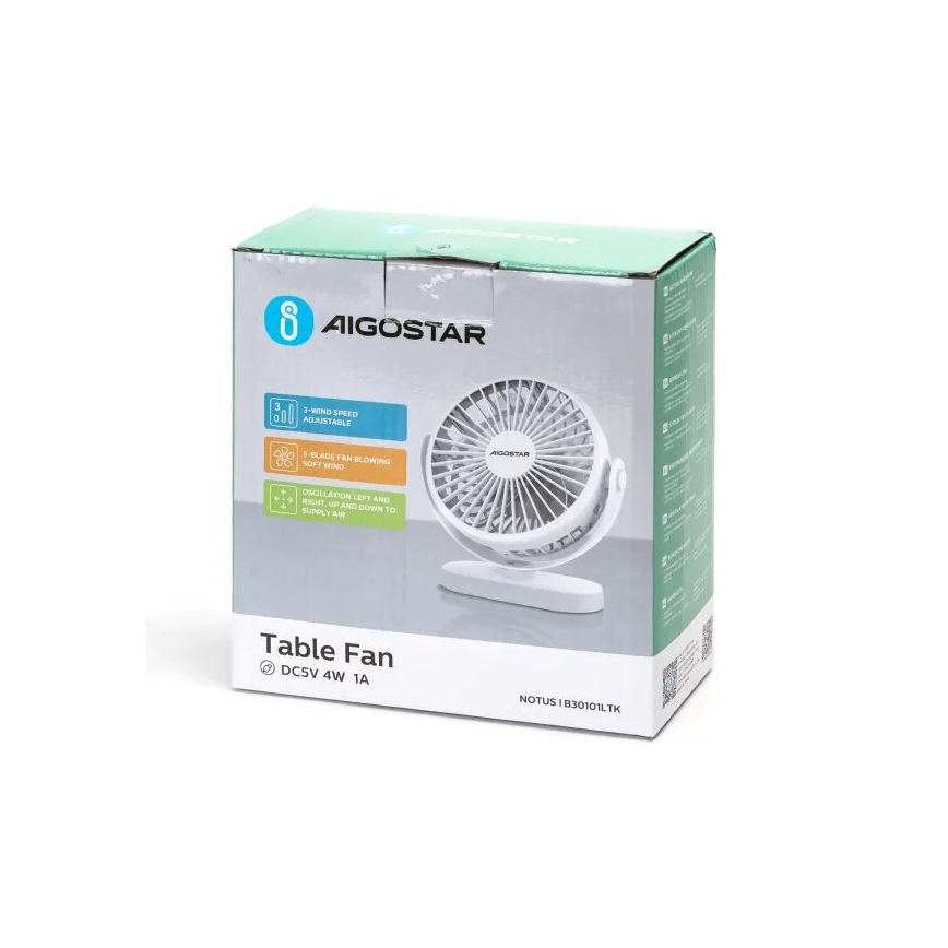 Aigostar - Ladattava pöytätuuletin 4 W / 5 V, 1500 mAh, valkoinen