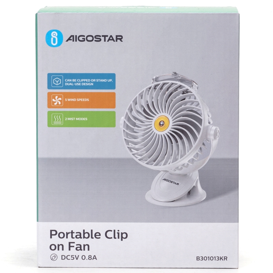 Aigostar - Ladattava pöytätuuletin klipsillä 2W/5V 2400mAh USB valkoinen